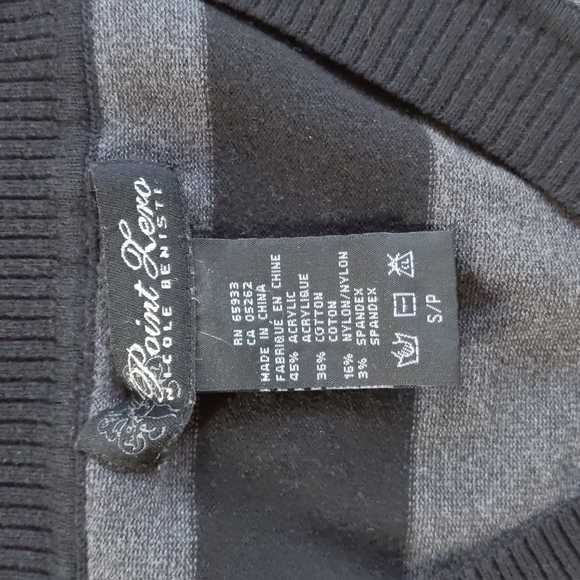 Point Zero Black/Grey Striped Sweater, S, V-Neck Hip Length - Picture 3 of 7